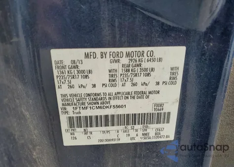 2013 Ford F150 из США, поврежденный, VIN 1FTMF1CM6DKF55601